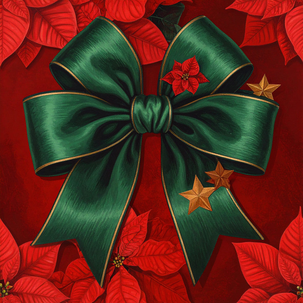 forest green, deep red, burgundy, gold accents, poinsettia, christmas, holiday, festive, elegant, traditional, seasonal, winter, red flowers, green bow, ribbon, stars, gold stars, metallic details, nature, floral, botanical, decorative, classic, sophisticated, christmas decor, festive design, celebratory