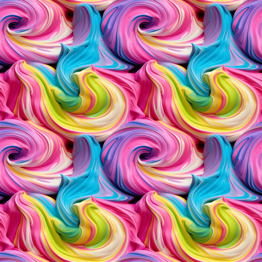 vibrant pink, turquoise blue, lime green, yellow, purple, swirled frosting, cupcake frosting, rainbow colors, whimsical swirls, dessert pattern, sweet treats, candy colors,, fabric panel, bakery theme, colorful spirals, frosting texture, bright pastels, food motif, cheerful design