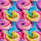 vibrant pink, turquoise blue, lime green, yellow, purple, swirled frosting, cupcake frosting, rainbow colors, whimsical swirls, dessert pattern, sweet treats, candy colors,, fabric panel, bakery theme, colorful spirals, frosting texture, bright pastels, food motif, cheerful design