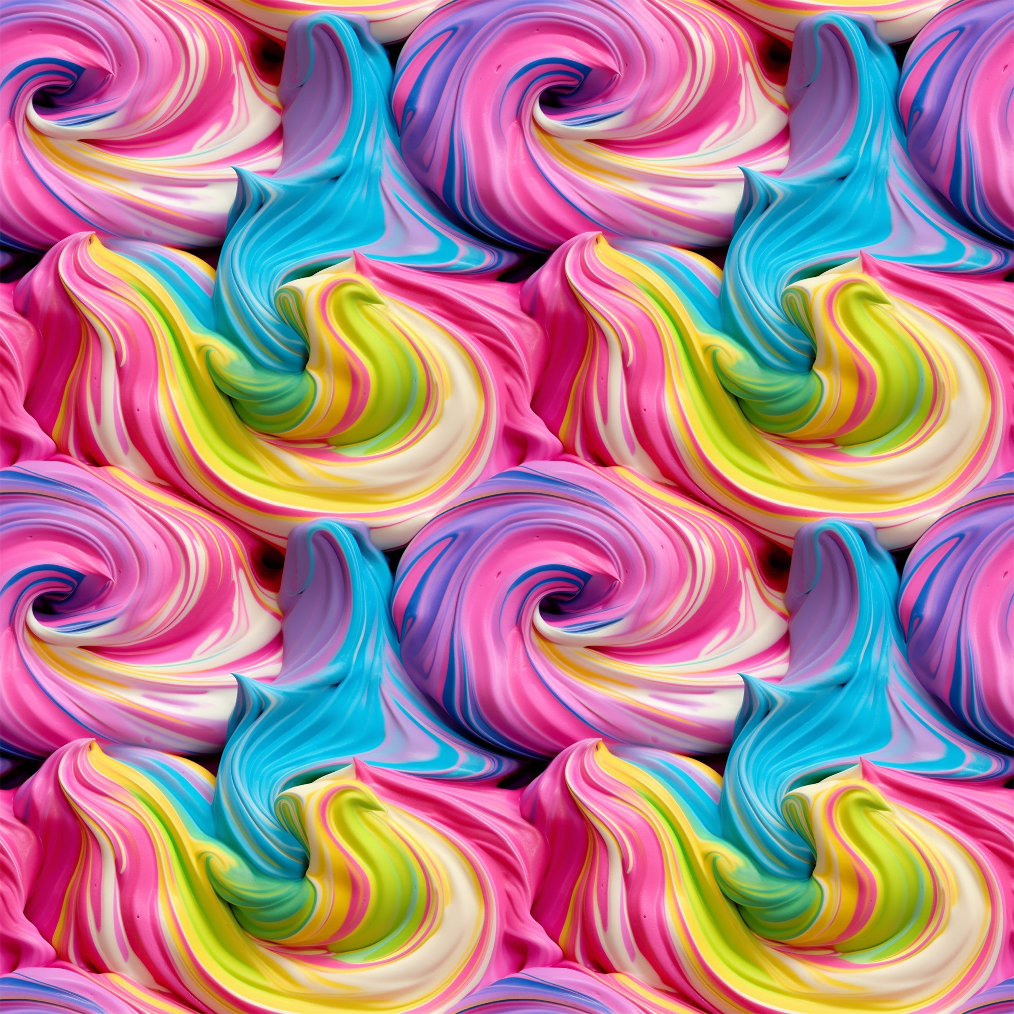 vibrant pink, turquoise blue, lime green, yellow, purple, swirled frosting, cupcake frosting, rainbow colors, whimsical swirls, dessert pattern, sweet treats, candy colors,, fabric panel, bakery theme, colorful spirals, frosting texture, bright pastels, food motif, cheerful design