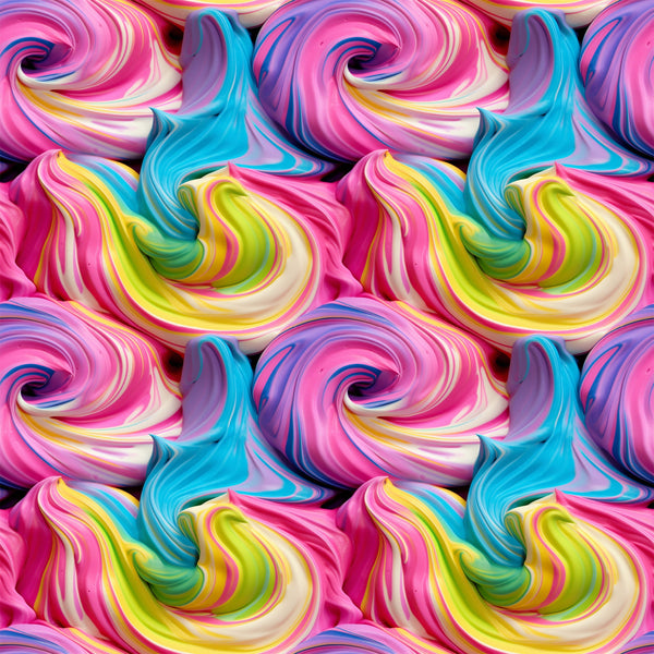 vibrant pink, turquoise blue, lime green, yellow, purple, swirled frosting, cupcake frosting, rainbow colors, whimsical swirls, dessert pattern, sweet treats, candy colors,, fabric panel, bakery theme, colorful spirals, frosting texture, bright pastels, food motif, cheerful design