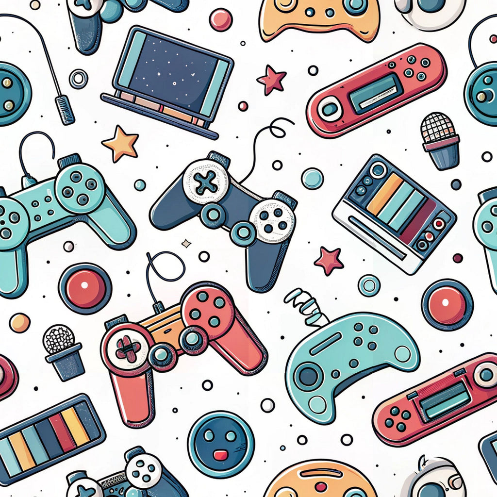gaming controllers, retro consoles, mint green, coral pink, navy blue, orange accents, scattered pattern, video game theme, handheld devices,, fabric panel, playful design, modern gaming, electronic gadgets, geometric shapes, colorful illustration, gaming nostalgia, tech accessories, casual style, contemporary pattern