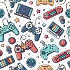 gaming controllers, retro consoles, mint green, coral pink, navy blue, orange accents, scattered pattern, video game theme, handheld devices,, fabric panel, playful design, modern gaming, electronic gadgets, geometric shapes, colorful illustration, gaming nostalgia, tech accessories, casual style, contemporary pattern