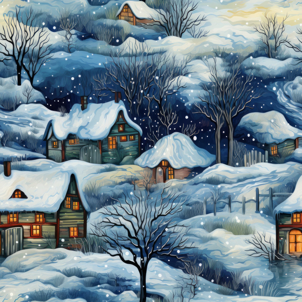 winter village, snowy houses, falling snow, blue tones, white snow, warm window light, bare trees, rolling hills, cozy cottages,, fabric panel, winter landscape, evening sky, peaceful scene, rustic homes, fences, snowdrifts, illustrated art, seasonal motif, dawn colors