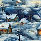 winter village, snowy houses, falling snow, blue tones, white snow, warm window light, bare trees, rolling hills, cozy cottages,, fabric panel, winter landscape, evening sky, peaceful scene, rustic homes, fences, snowdrifts, illustrated art, seasonal motif, dawn colors