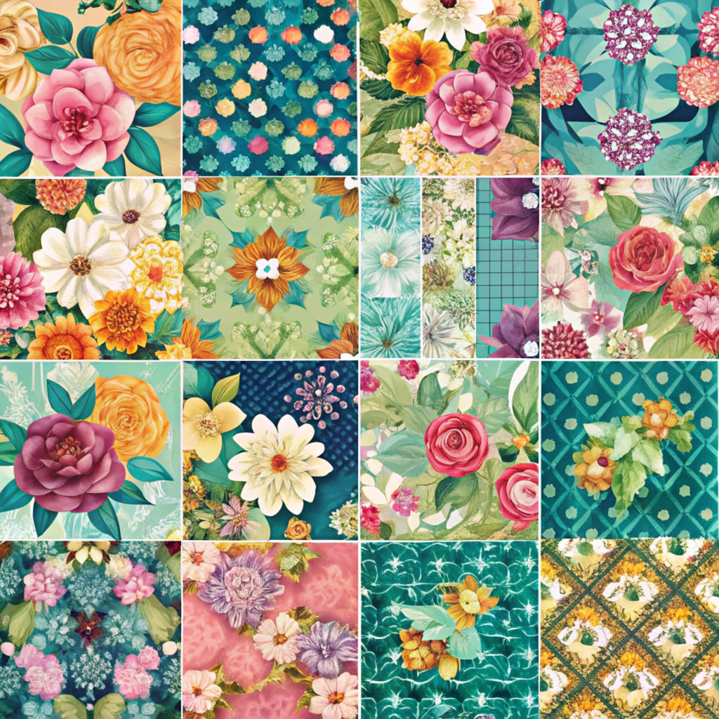 spring flowers, floral patterns, patchwork blocks,, fabric panel, roses, dahlias, geometric designs, teal background, pink blooms, orange flowers, yellow blossoms, purple florals, green foliage, polka dots, vintage style, botanical motifs, coordinated prints, cotton fabric, quilt squares