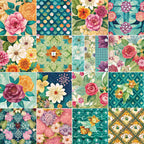 spring flowers, floral patterns, patchwork blocks,, fabric panel, roses, dahlias, geometric designs, teal background, pink blooms, orange flowers, yellow blossoms, purple florals, green foliage, polka dots, vintage style, botanical motifs, coordinated prints, cotton fabric, quilt squares