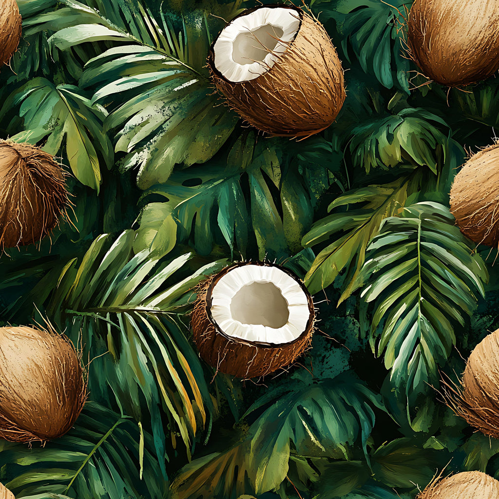 coconut pattern, tropical leaves, jungle foliage, green leaves, brown coconuts, white coconut meat, palm fronds, monstera leaves, botanical design, tropical theme,, fabric panel, lush greenery, exotic fruits, island vibes, summer motif, natural elements, tropical paradise, vibrant greens, coconut halves