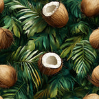 coconut pattern, tropical leaves, jungle foliage, green leaves, brown coconuts, white coconut meat, palm fronds, monstera leaves, botanical design, tropical theme,, fabric panel, lush greenery, exotic fruits, island vibes, summer motif, natural elements, tropical paradise, vibrant greens, coconut halves
