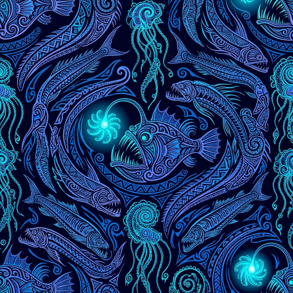 navy blue, cyan blue, turquoise, electric blue, neon cyan, deep blue, ocean blue, fish, sea creatures, jellyfish, octopus, underwater, nautical, aquatic, celestial, glowing orbs, bioluminescent, intricate patterns, detailed ornamental, decorative, whimsical, fantasy, magical, mystical, bohemian, ornate, baroque, psychedelic, dreamlike, glow-in-the-dark effect