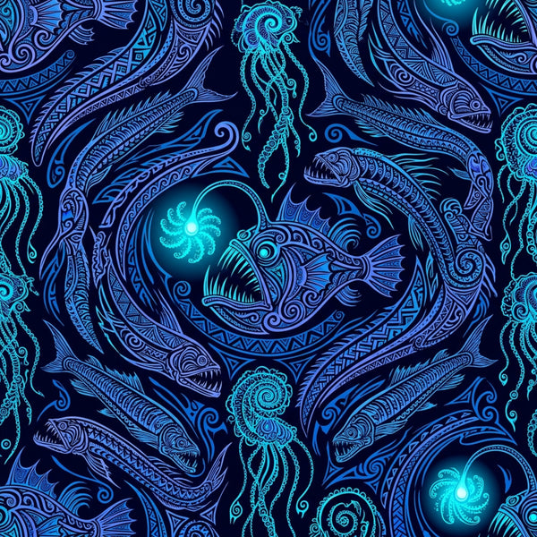 navy blue, cyan blue, turquoise, electric blue, neon cyan, deep blue, ocean blue, fish, sea creatures, jellyfish, octopus, underwater, nautical, aquatic, celestial, glowing orbs, bioluminescent, intricate patterns, detailed ornamental, decorative, whimsical, fantasy, magical, mystical, bohemian, ornate, baroque, psychedelic, dreamlike, glow-in-the-dark effect