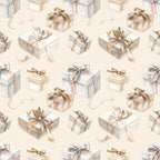 cream, beige, tan, gold, bronze, neutral, gift boxes, presents, bows, ribbons, wrapped presents, holiday, christmas, elegant, sophisticated, neutral aesthetic, minimalist, soft, gentle, gift wrap, present pattern, festive, luxury, premium, gift giving, celebration, special occasion, nursery, baby shower