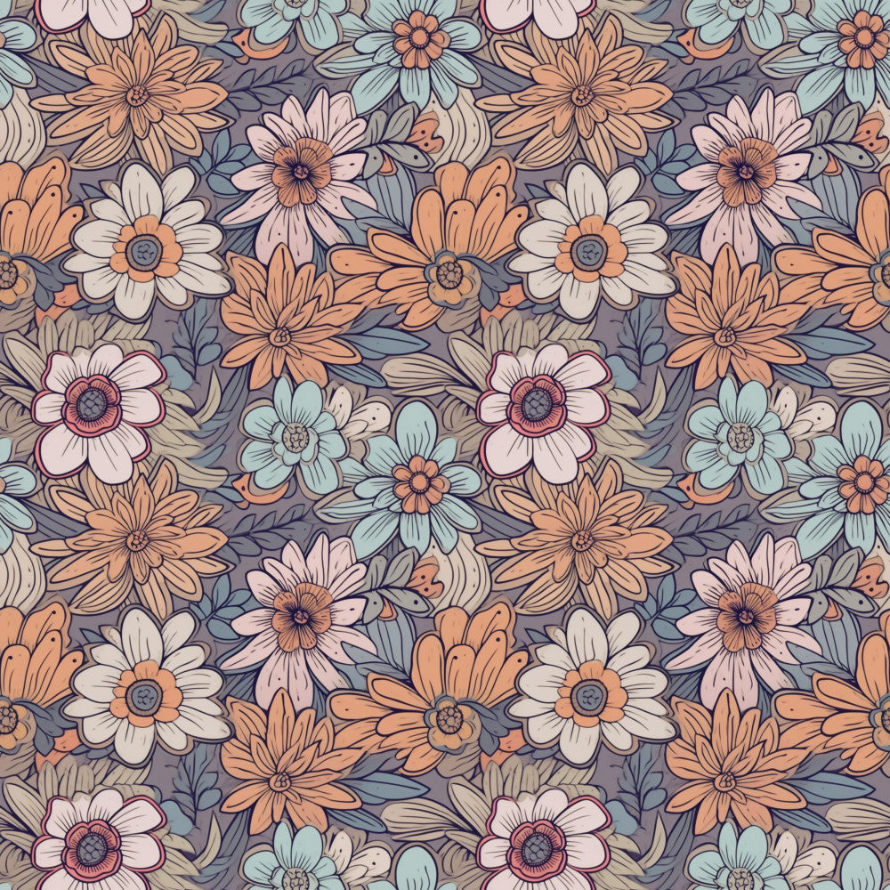 floral, daisy, flower, botanical, nature, dusty purple, lavender, coral orange, peach, cream, soft pink, sage green, light blue, vintage, whimsical, bohemian, retro, spring, summer, garden, wildflower, multi-color, cheerful, playful, kids, nursery, cottage core, traditional, hand-drawn, detailed