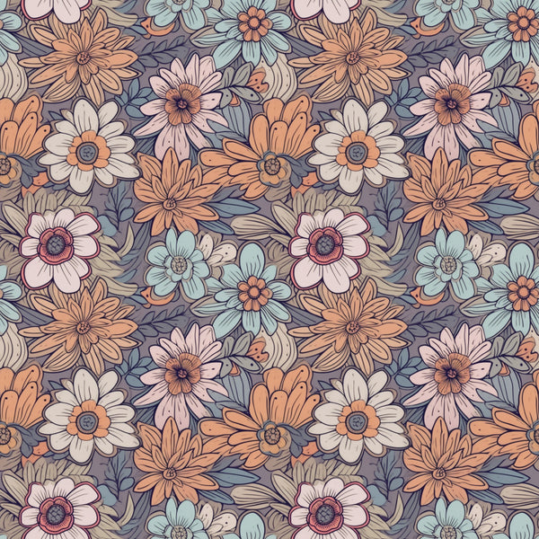 floral, daisy, flower, botanical, nature, dusty purple, lavender, coral orange, peach, cream, soft pink, sage green, light blue, vintage, whimsical, bohemian, retro, spring, summer, garden, wildflower, multi-color, cheerful, playful, kids, nursery, cottage core, traditional, hand-drawn, detailed