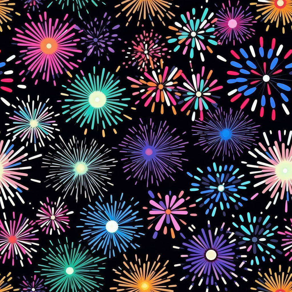 fireworks, bursts, starburst, radiating lines, pink, purple, blue, turquoise, orange, white, black background, celebration, festive, night sky, explosive pattern,, fabric panel, bright colors, geometric radiating, party theme
