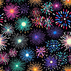 fireworks, bursts, starburst, radiating lines, pink, purple, blue, turquoise, orange, white, black background, celebration, festive, night sky, explosive pattern,, fabric panel, bright colors, geometric radiating, party theme