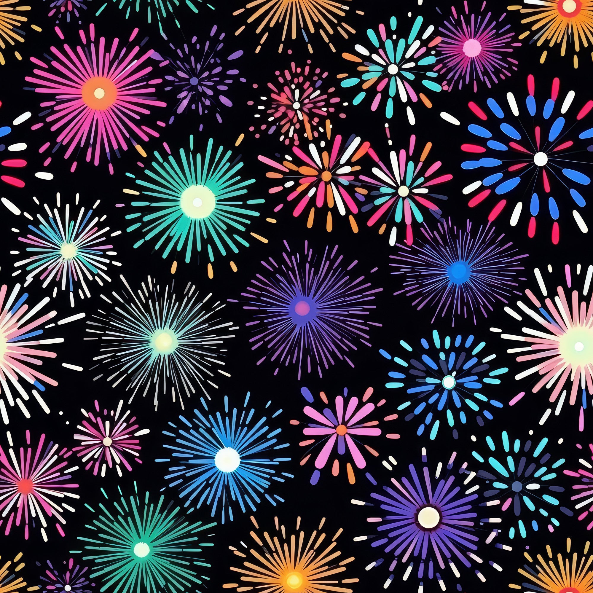 fireworks, bursts, starburst, radiating lines, pink, purple, blue, turquoise, orange, white, black background, celebration, festive, night sky, explosive pattern,, fabric panel, bright colors, geometric radiating, party theme