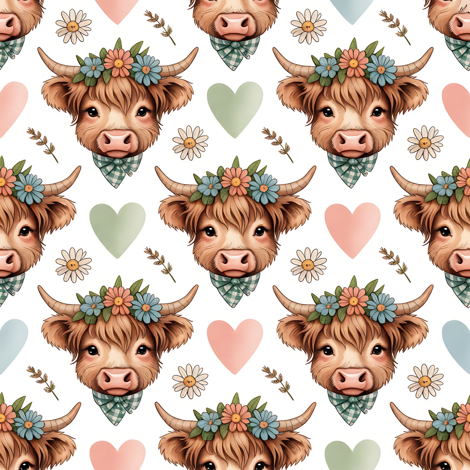 highland cow, brown fur, floral crown, gingham bandana, pastel hearts, coral pink, sage green, white daisies, wheat sprigs, cute animals, farm theme, repeating pattern,, fabric panel, whimsical style, country charm, pastoral design, soft colors, flower crowns, bovine faces
