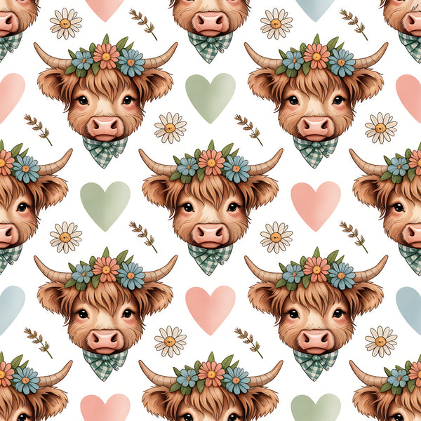 highland cow, brown fur, floral crown, gingham bandana, pastel hearts, coral pink, sage green, white daisies, wheat sprigs, cute animals, farm theme, repeating pattern,, fabric panel, whimsical style, country charm, pastoral design, soft colors, flower crowns, bovine faces