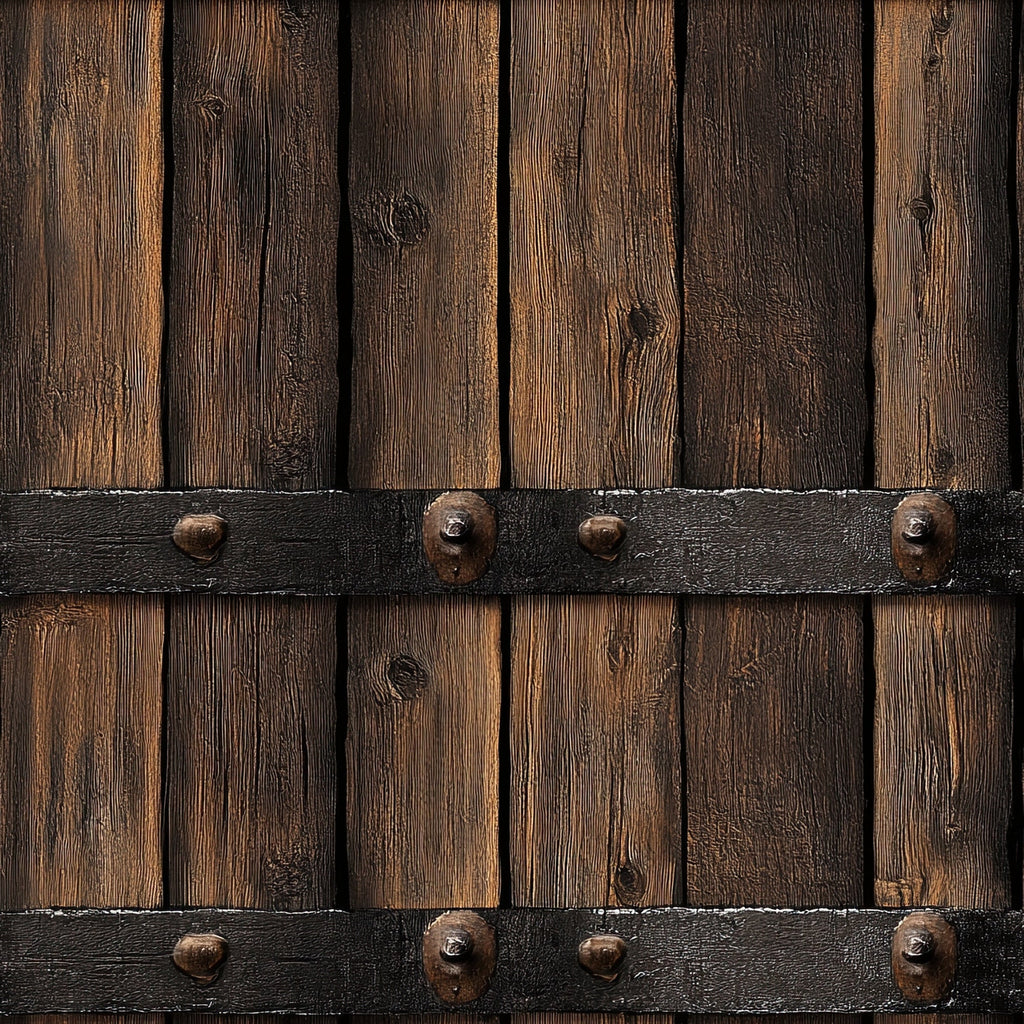 rustic wood, weathered planks, brown tones, dark brown, aged wood, vertical boards, metal straps, iron bands, rusty bolts, barn door, western style, countryside, farmhouse,, fabric panel, textured wood grain, distressed finish, rural theme, country living