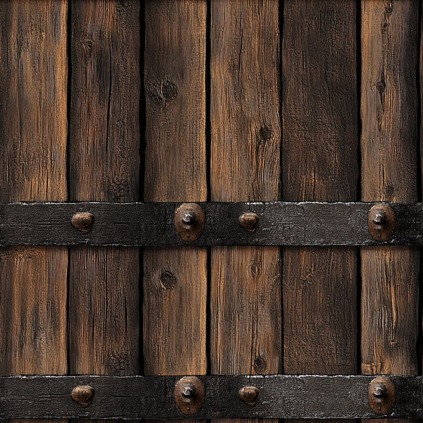 rustic wood, weathered planks, brown tones, dark brown, aged wood, vertical boards, metal straps, iron bands, rusty bolts, barn door, western style, countryside, farmhouse,, fabric panel, textured wood grain, distressed finish, rural theme, country living