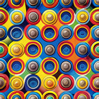 fidget spinners, concentric circles, bright colors, red, blue, yellow, orange, green, brown, geometric pattern, circular motifs, vibrant design, modern pattern,, fabric panel, contemporary style, playful design, repeating pattern, multicolored, rainbow colors
