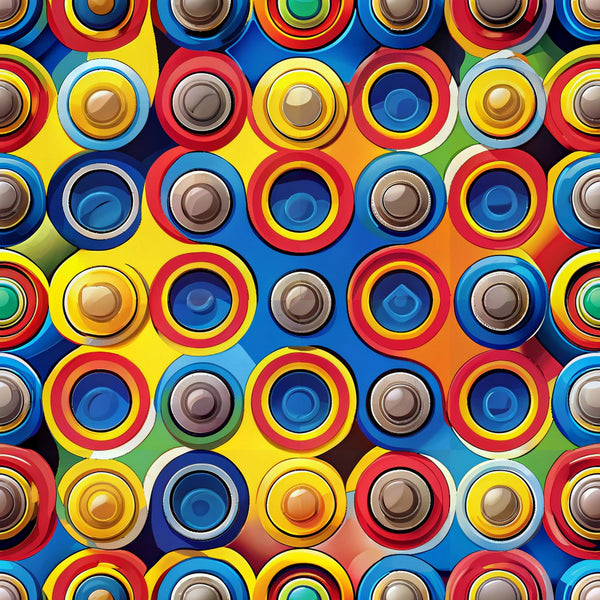 fidget spinners, concentric circles, bright colors, red, blue, yellow, orange, green, brown, geometric pattern, circular motifs, vibrant design, modern pattern,, fabric panel, contemporary style, playful design, repeating pattern, multicolored, rainbow colors