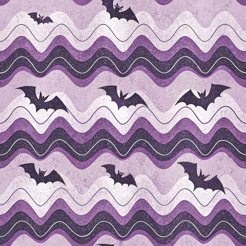 purple, lavender, dark purple, chevron pattern, wavy stripes, bats, halloween, spooky, retro style, vintage aesthetic,, fabric panel, seasonal, gothic, flying bats, zigzag design, textured appearance, halloween decor, craft fabric, purple tones