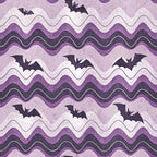 purple, lavender, dark purple, chevron pattern, wavy stripes, bats, halloween, spooky, retro style, vintage aesthetic,, fabric panel, seasonal, gothic, flying bats, zigzag design, textured appearance, halloween decor, craft fabric, purple tones