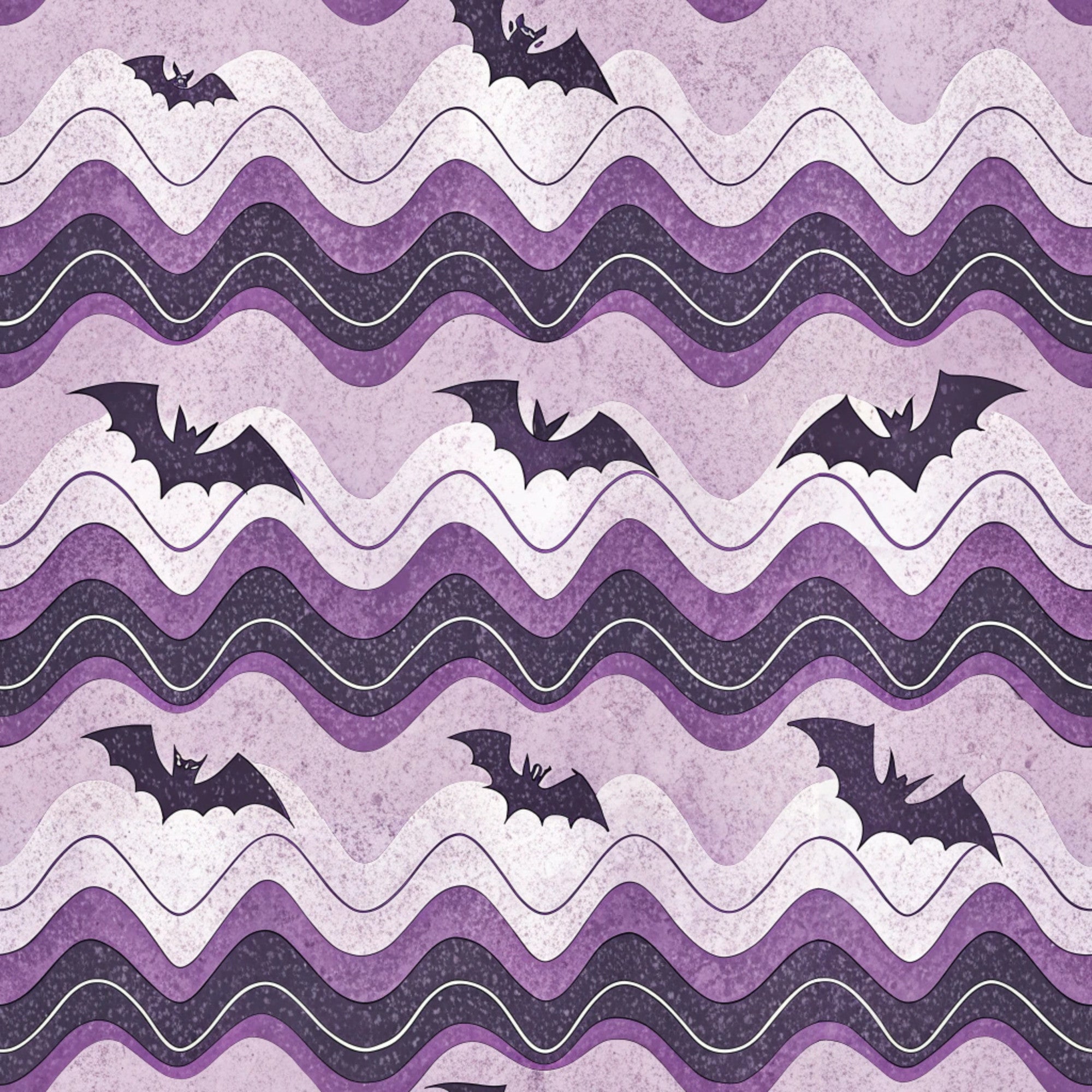 purple, lavender, dark purple, chevron pattern, wavy stripes, bats, halloween, spooky, retro style, vintage aesthetic,, fabric panel, seasonal, gothic, flying bats, zigzag design, textured appearance, halloween decor, craft fabric, purple tones