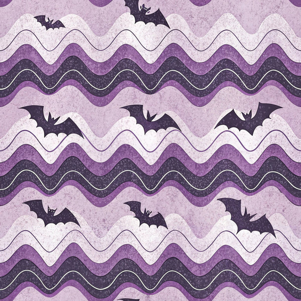 purple, lavender, dark purple, chevron pattern, wavy stripes, bats, halloween, spooky, retro style, vintage aesthetic,, fabric panel, seasonal, gothic, flying bats, zigzag design, textured appearance, halloween decor, craft fabric, purple tones