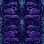 neon purple, magenta, cyan blue, glowing turquoise, deep navy, bioluminescent, ocean creatures, jellyfish, anglerfish, deep sea, tropical fish, nautical, cosmic, celestial, glowing eyes, underwater, bioluminescence, psychedelic, modern, whimsical, fantasy, ethereal, glow in the dark aesthetic, sea life, marine animals, intricate patterns, dotted details, decorative, kids room, playroom