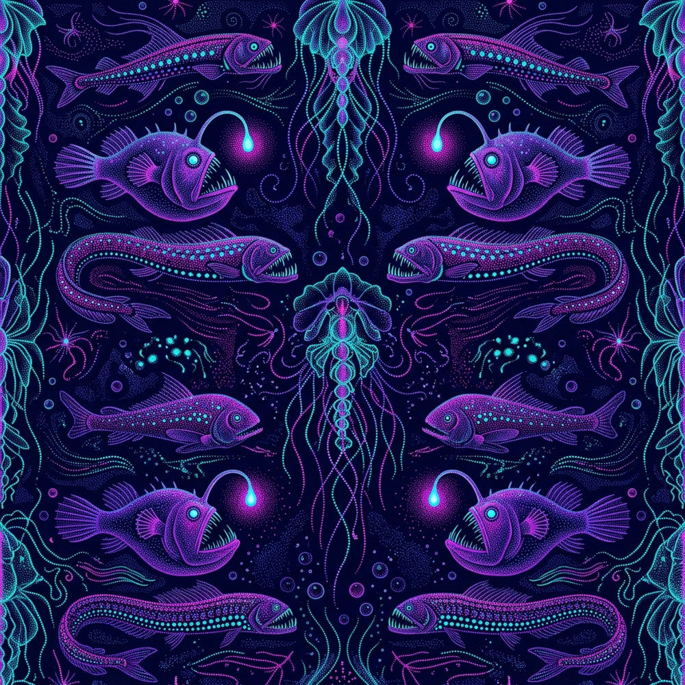 neon purple, magenta, cyan blue, glowing turquoise, deep navy, bioluminescent, ocean creatures, jellyfish, anglerfish, deep sea, tropical fish, nautical, cosmic, celestial, glowing eyes, underwater, bioluminescence, psychedelic, modern, whimsical, fantasy, ethereal, glow in the dark aesthetic, sea life, marine animals, intricate patterns, dotted details, decorative, kids room, playroom