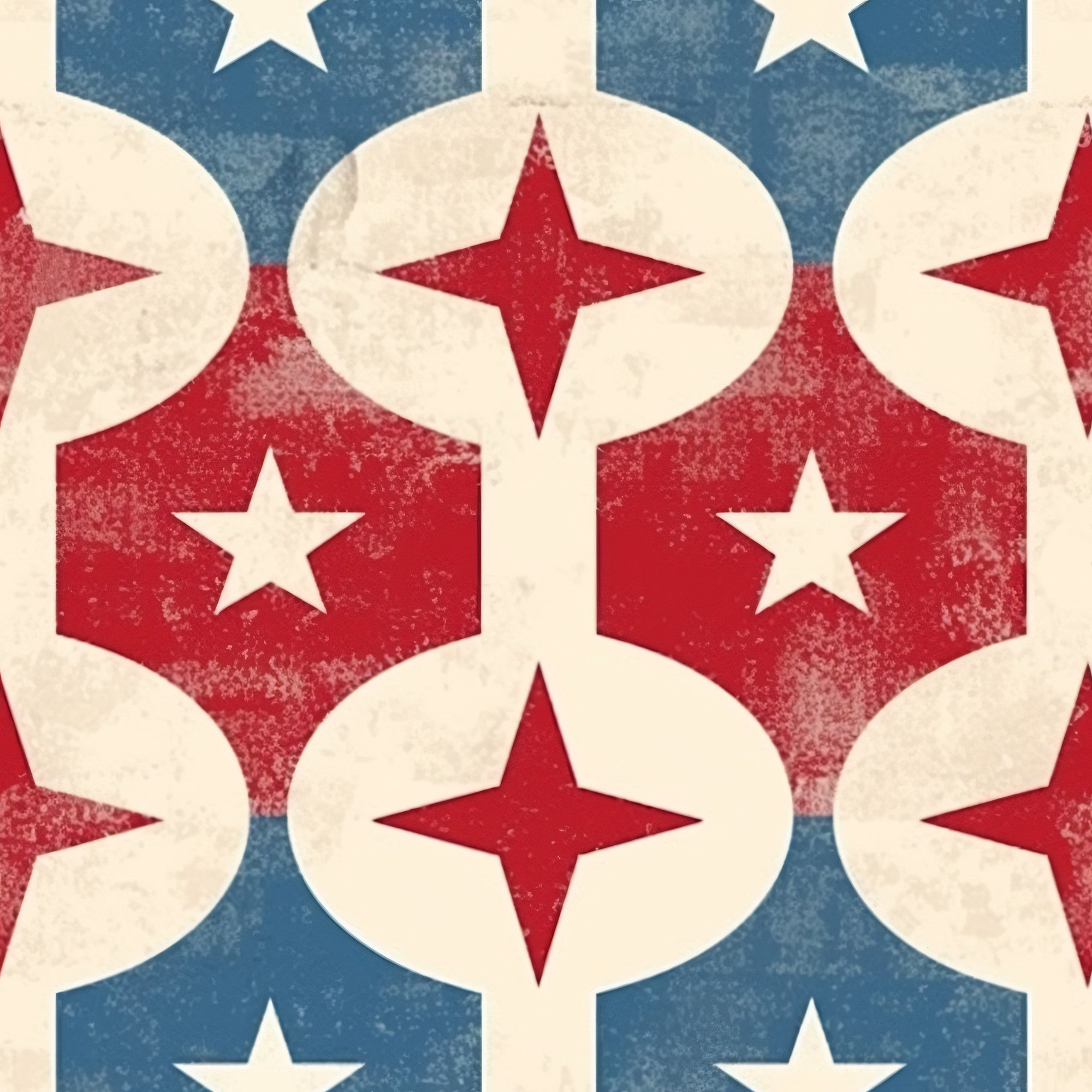 red, white, blue, patriotic, stars, diamond shapes, geometric pattern, distressed texture, vintage look, americana,, fabric panel, repeating motif, four-pointed stars, hexagonal shapes, weathered finish, circular elements, interconnected design, nostalgic feel