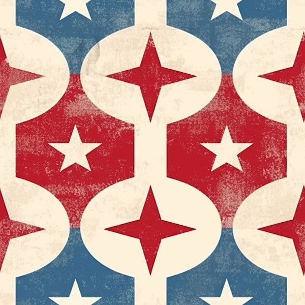 red, white, blue, patriotic, stars, diamond shapes, geometric pattern, distressed texture, vintage look, americana,, fabric panel, repeating motif, four-pointed stars, hexagonal shapes, weathered finish, circular elements, interconnected design, nostalgic feel