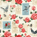 vintage stamps, coral roses, pink flowers, blue birds, black birds, cream background, postage stamps, floral pattern, botanical design,, fabric panel, romantic theme, nostalgic style, rose blooms, bird motifs, soft pastels, vintage aesthetic, repeating pattern, spring florals, postal theme