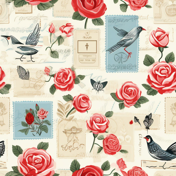 vintage stamps, coral roses, pink flowers, blue birds, black birds, cream background, postage stamps, floral pattern, botanical design,, fabric panel, romantic theme, nostalgic style, rose blooms, bird motifs, soft pastels, vintage aesthetic, repeating pattern, spring florals, postal theme