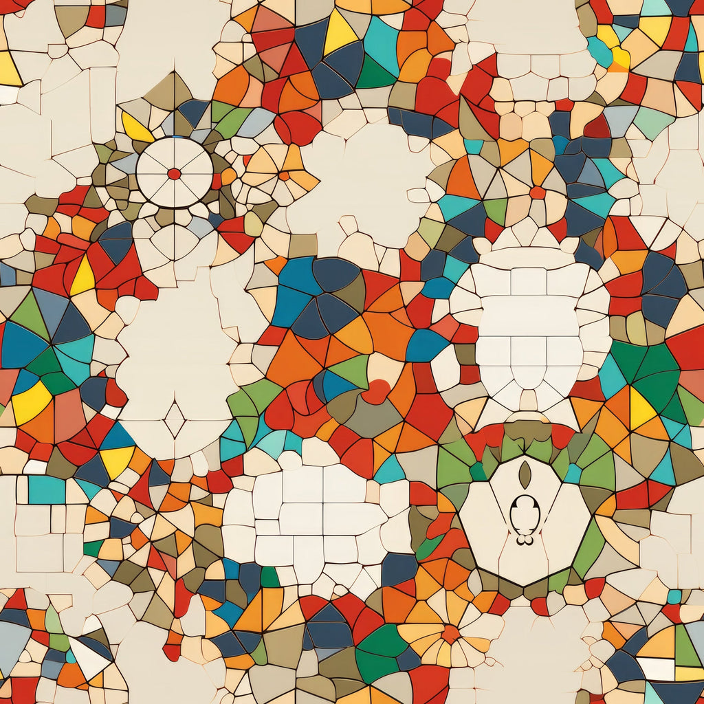 mosaic pattern, stained glass, geometric shapes, red, orange, blue, green, yellow, teal, navy, beige, cream, circular motifs, radial designs, triangular pieces,, fabric panel, kaleidoscope effect, vibrant colors, pieced design, contemporary art, abstract pattern