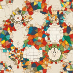 mosaic pattern, stained glass, geometric shapes, red, orange, blue, green, yellow, teal, navy, beige, cream, circular motifs, radial designs, triangular pieces,, fabric panel, kaleidoscope effect, vibrant colors, pieced design, contemporary art, abstract pattern