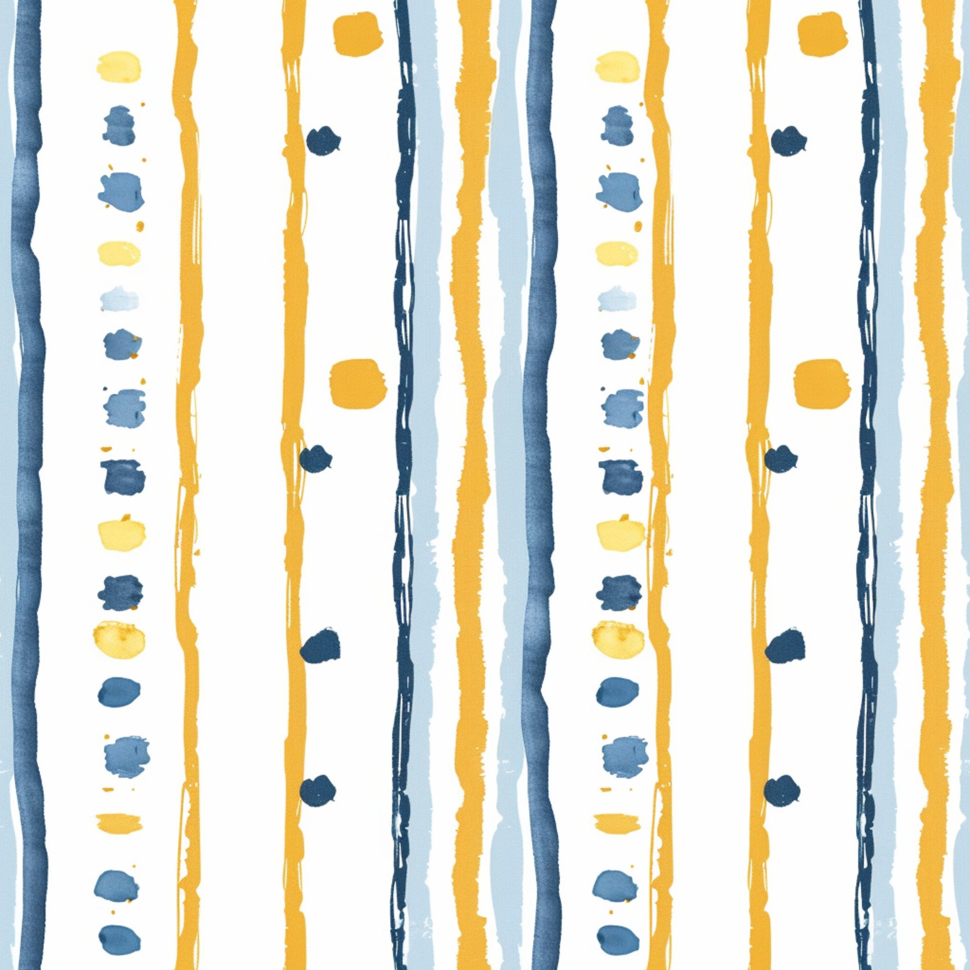 watercolor stripes, mustard yellow, navy blue, light blue, vertical lines, abstract brushstrokes, hand painted, organic dots, flowing bands,, fabric panel, watercolor effect, irregular stripes, artistic design, contemporary pattern, soft wash, painterly style, modern aesthetic