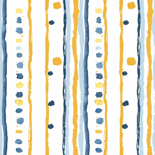 watercolor stripes, mustard yellow, navy blue, light blue, vertical lines, abstract brushstrokes, hand painted, organic dots, flowing bands,, fabric panel, watercolor effect, irregular stripes, artistic design, contemporary pattern, soft wash, painterly style, modern aesthetic