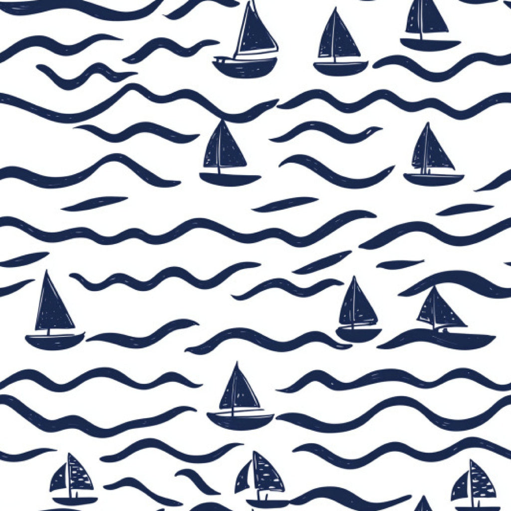 navy blue, white background, sailboats, waves, nautical pattern, ocean waves, sailing boats, maritime theme, repeating pattern,, fabric panel, water motifs, boat silhouettes, wave lines, sailing theme, nautical design, ocean pattern, boat pattern, blue and white, coastal design