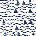 navy blue, white background, sailboats, waves, nautical pattern, ocean waves, sailing boats, maritime theme, repeating pattern,, fabric panel, water motifs, boat silhouettes, wave lines, sailing theme, nautical design, ocean pattern, boat pattern, blue and white, coastal design