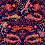 navy blue, coral orange, hot pink, deep blue, bioluminescent, ocean, sea creatures, jellyfish, anglerfish, fish, nautical, marine life, underwater, celestial, mystical, bohemian, whimsical, dark academia, gothic, ornamental, decorative swirls, intricate patterns, fantasy, magical, glowing orbs, stars, kids room, playroom, nursery, adventure themed