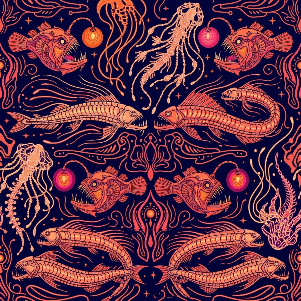 navy blue, coral orange, hot pink, deep blue, bioluminescent, ocean, sea creatures, jellyfish, anglerfish, fish, nautical, marine life, underwater, celestial, mystical, bohemian, whimsical, dark academia, gothic, ornamental, decorative swirls, intricate patterns, fantasy, magical, glowing orbs, stars, kids room, playroom, nursery, adventure themed