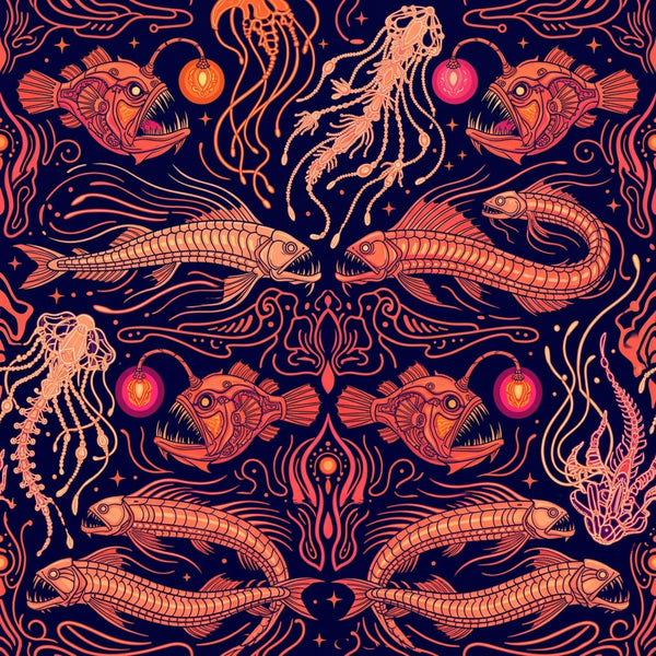 navy blue, coral orange, hot pink, deep blue, bioluminescent, ocean, sea creatures, jellyfish, anglerfish, fish, nautical, marine life, underwater, celestial, mystical, bohemian, whimsical, dark academia, gothic, ornamental, decorative swirls, intricate patterns, fantasy, magical, glowing orbs, stars, kids room, playroom, nursery, adventure themed