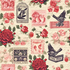 vintage stamps, roses, birds, pink, red, cream, beige, black, romantic pattern, floral motifs, postage stamps, hummingbird, flying birds, rose blooms,, fabric panel, shabby chic, antique style, postal theme, botanical elements