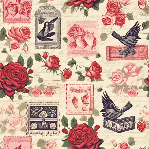 vintage stamps, roses, birds, pink, red, cream, beige, black, romantic pattern, floral motifs, postage stamps, hummingbird, flying birds, rose blooms,, fabric panel, shabby chic, antique style, postal theme, botanical elements