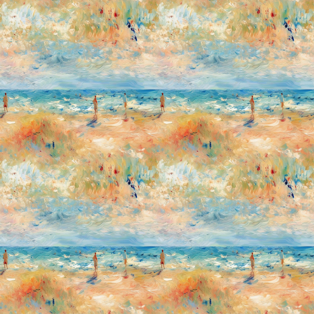 impressionist style, beach scene, ocean waves, sandy shore, human figures, soft brushstrokes, blue tones, peach colors, golden hues, aqua shades, coral tones, painterly effect, seaside landscape, summer mood, artistic pattern,, fabric panel, watercolor effect, coastal theme, repeating motif