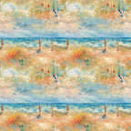 impressionist style, beach scene, ocean waves, sandy shore, human figures, soft brushstrokes, blue tones, peach colors, golden hues, aqua shades, coral tones, painterly effect, seaside landscape, summer mood, artistic pattern,, fabric panel, watercolor effect, coastal theme, repeating motif